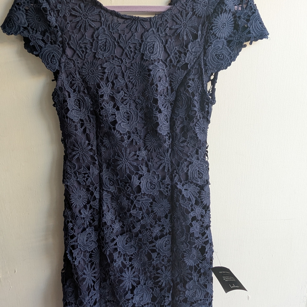 Lulu's Midnight Blue Floral Lace Backless Dress